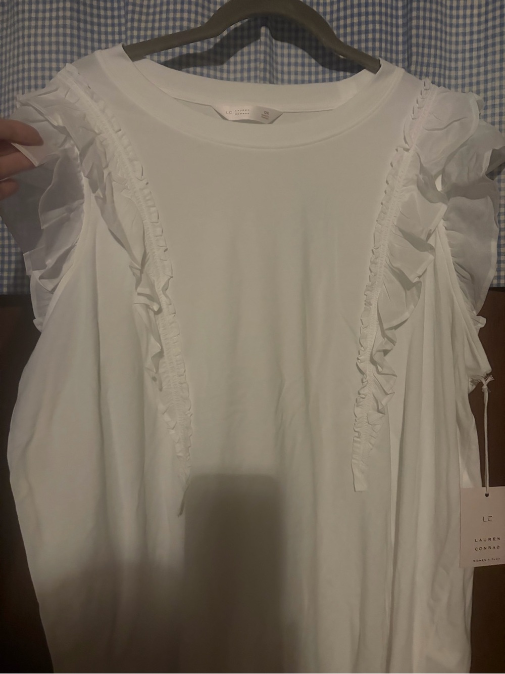 LC Lauren Conrad White Ruffle-Trim Short Sleeve Blouse